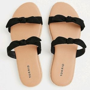 Black Faux Suede Dual Bow Espadrille Slides